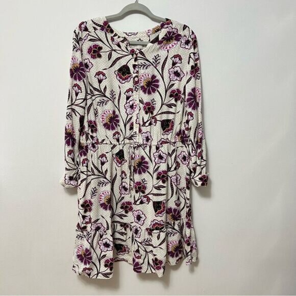 LOFT Dresses & Skirts - Loft Womens Floral Dress Size XL Cream Purple Long Sleeve Dressy Romantic Spring